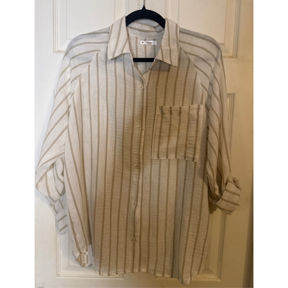 CISONO Beige White Striped Button Down Shirt L